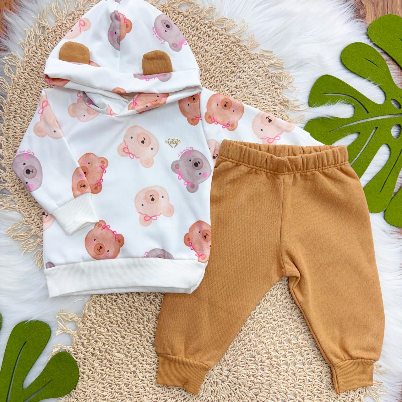 Conj. Blusa com Capuz Ursinhas e Calça de Moletom - Off White e Ferrugem